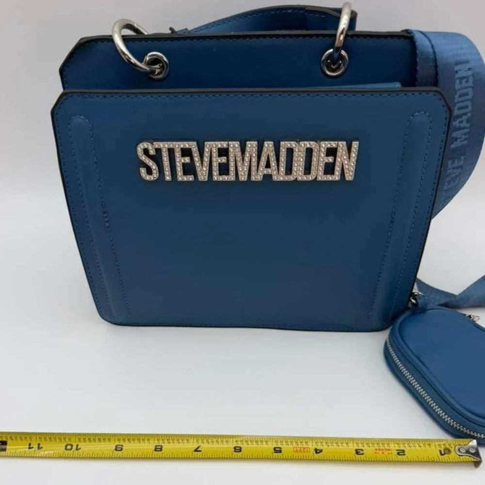 Steve Madden Blue Crossbody Bag‎ Rhinestone Logo With Mini Pouch New